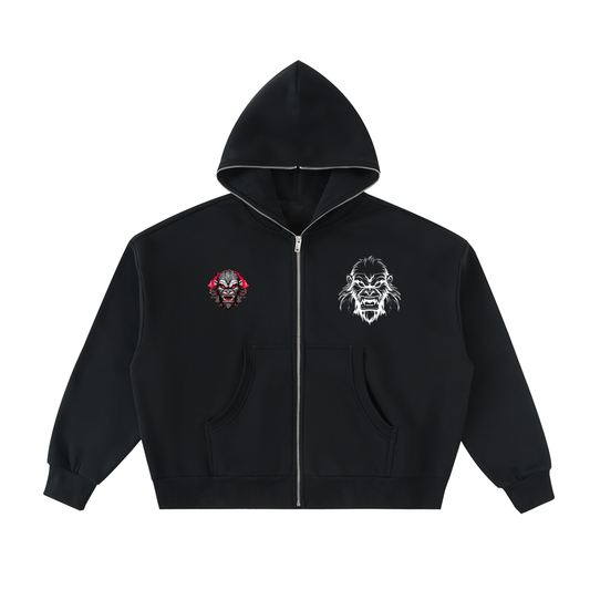 2 Face Logos Fleeced Full-Zip Boxy Hoodie